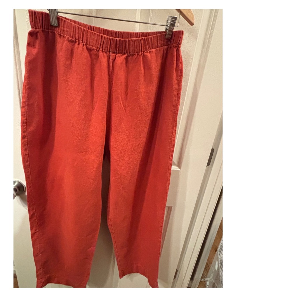 Vtg Hot Cotton Women Orange 100% Linen Elastic Waist Straight Leg Crop Pants XL